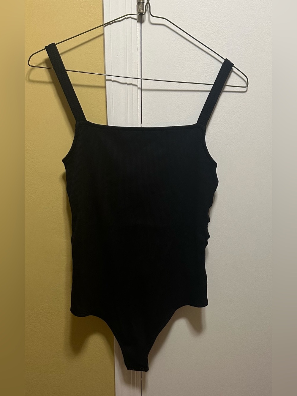 Express One Eleven Black Ribbed Tank Bodysuit w/ Open multi ladder/Cage Back (L)